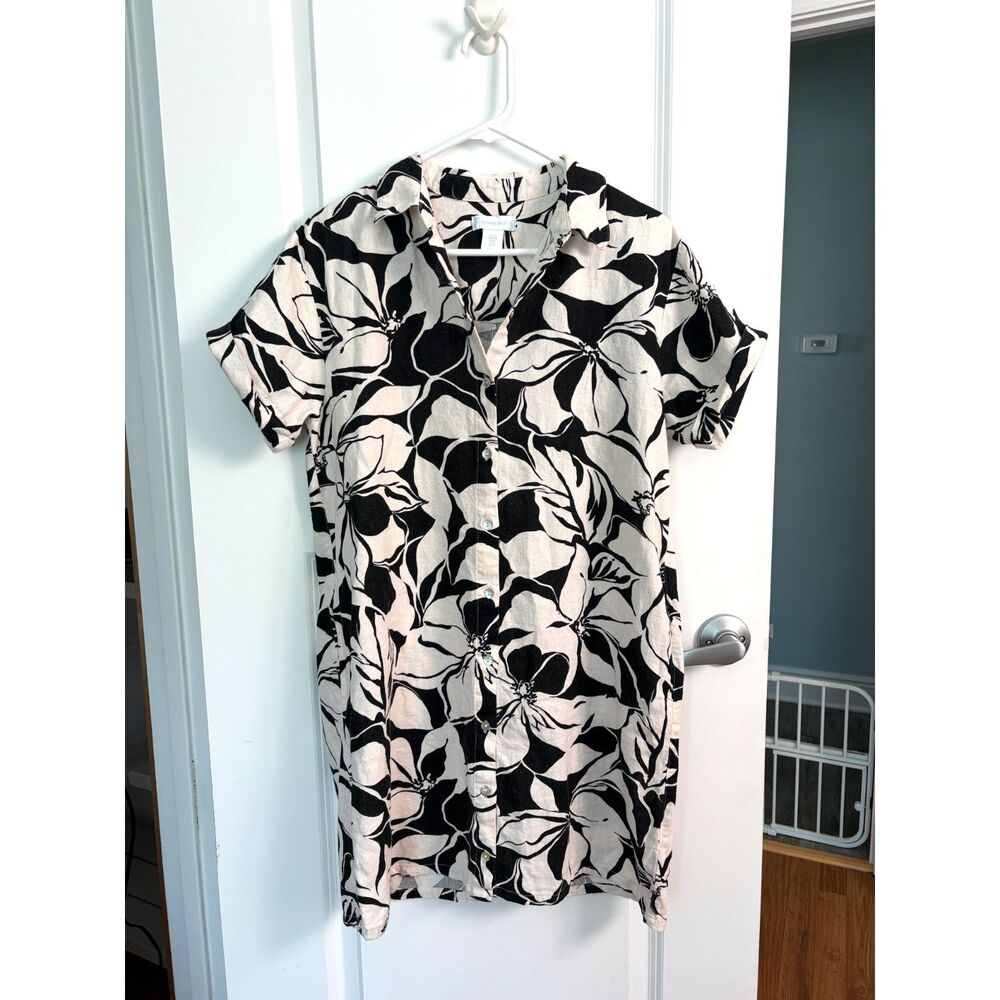 Cynthia Rowley Linen Blend Shirt Dress Medium Black White Floral Button Front